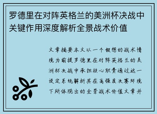 罗德里在对阵英格兰的美洲杯决战中关键作用深度解析全景战术价值