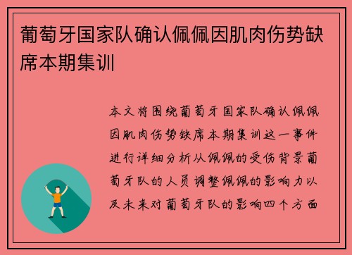 葡萄牙国家队确认佩佩因肌肉伤势缺席本期集训